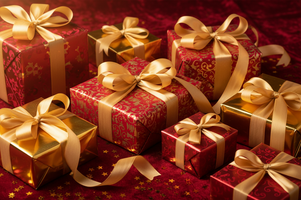 boxes on the red backround like presents mood holiday christmas gold and red