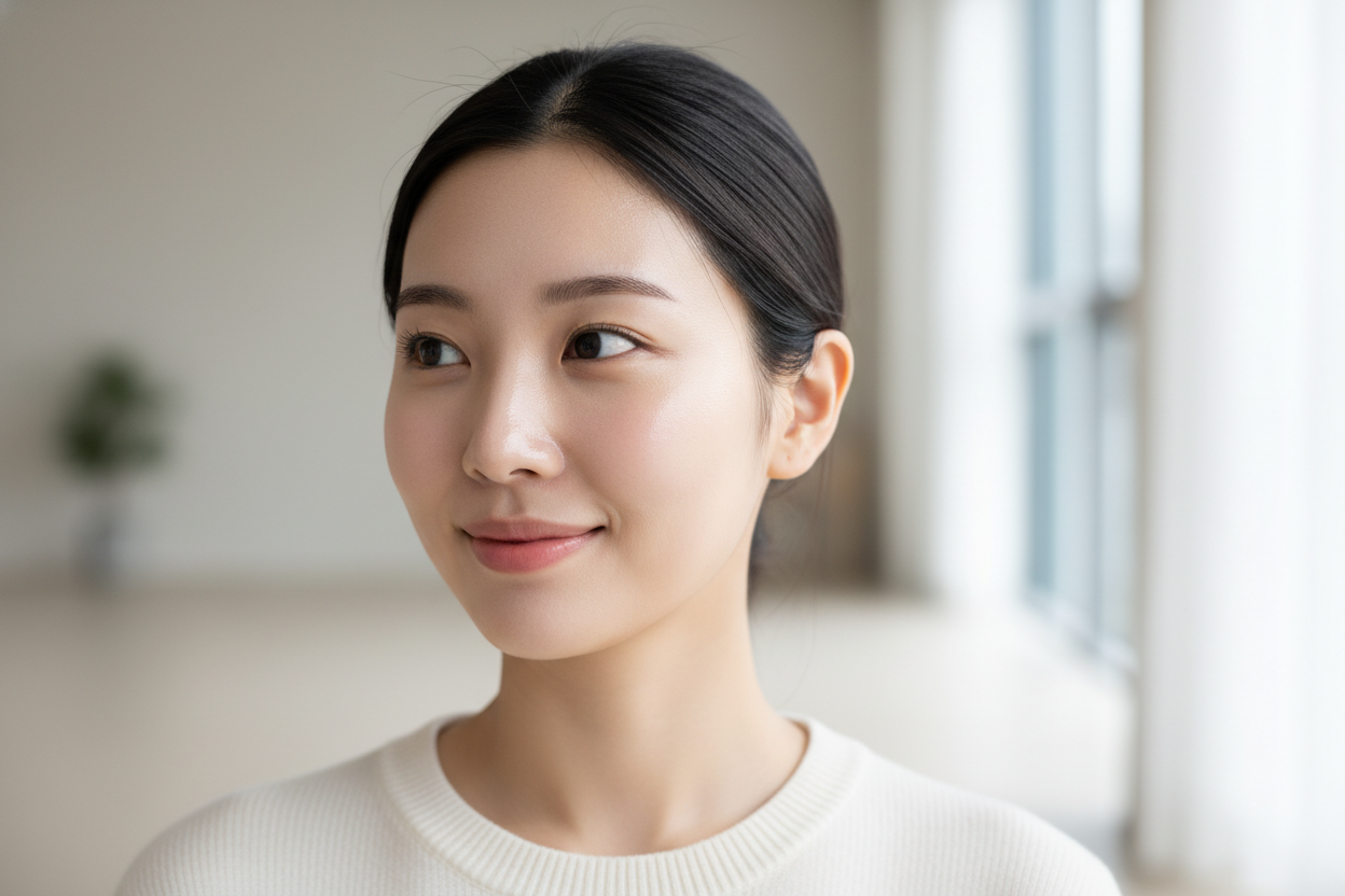 natural realistic korean woman young with glass skin and natural light wide picture full head 