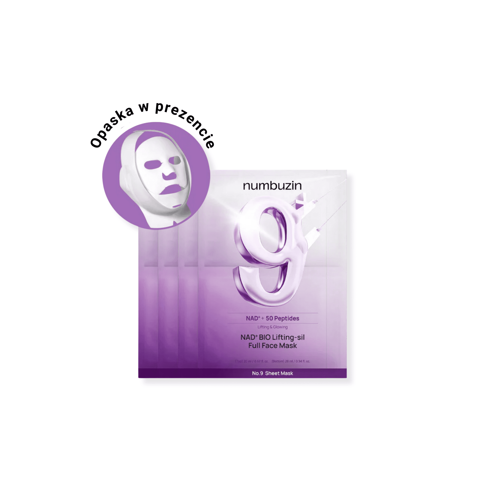 Numbuzin - No.9 NAD Bio Lifting Full Cover Facial Mask - Liftingująca Maska na Twarz z Koenzymem NAD + Opaska - 4szt+1szt - Ctrl+Glow